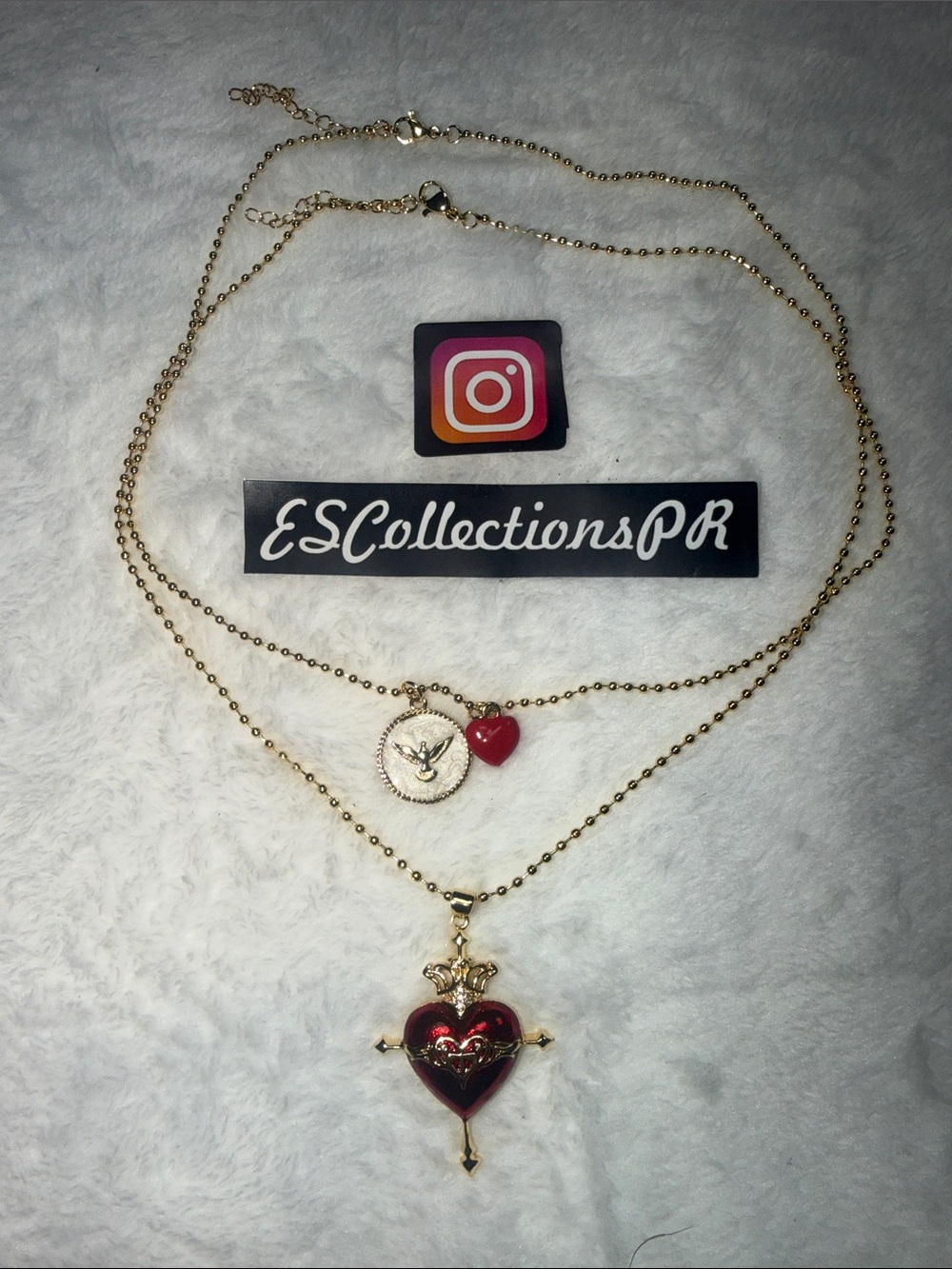 Gold-Tone Layered Necklace with Red Heart and Coin Charms by